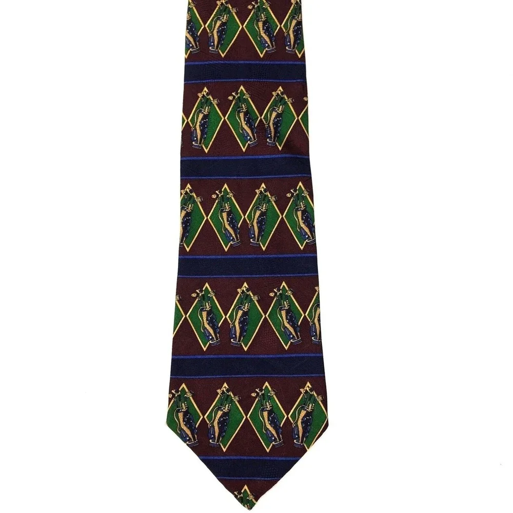 Tommy Hilfiger Men's 100% Silk Geometric Striped Golf Club Bag Novelty Necktie